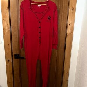 Lazy One Bear Bum Flapjack Pajamas XL Union Suit Romper Red Cotton Long Johns